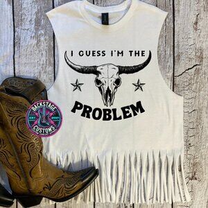 Western Morgan Wallen “Guess I’m the Problem” White Fringe Tee Sz Medium